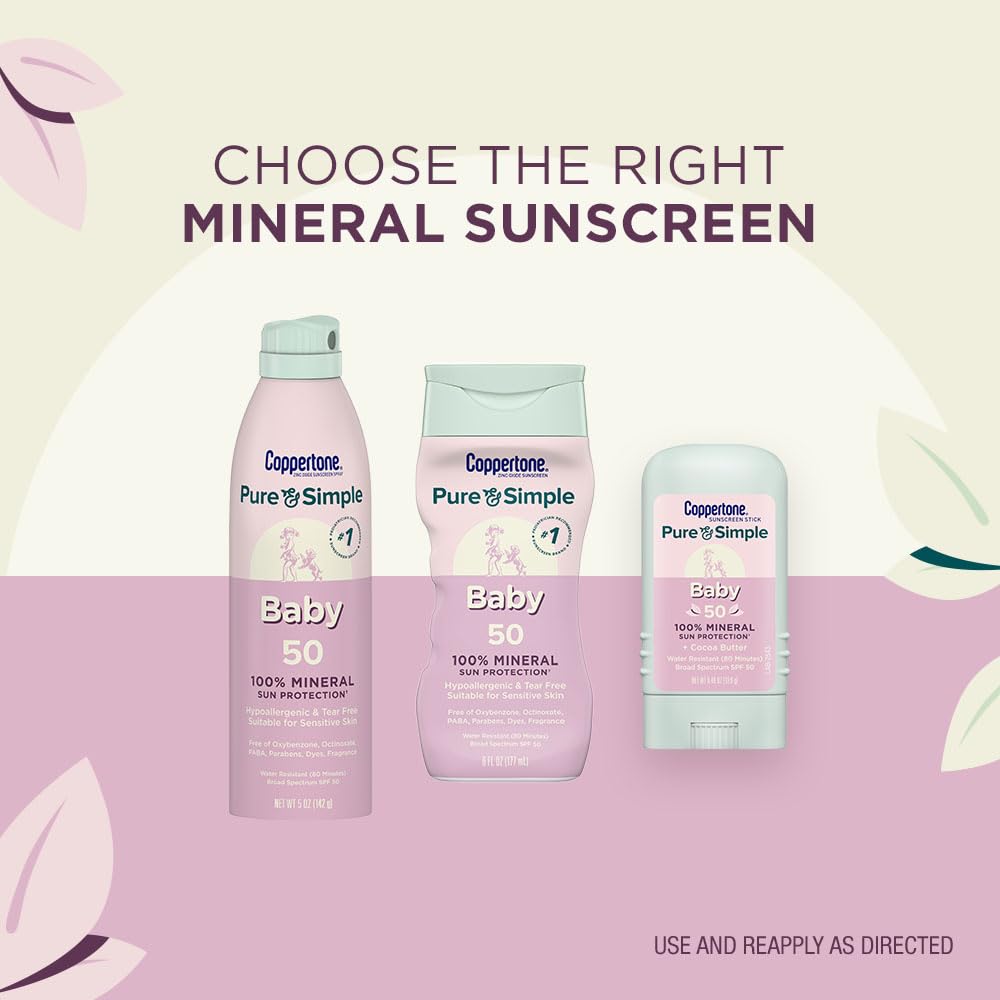 Coppertone Pure and Simple Baby Mineral Sunscreen Lotion SPF 50 (6 Fl Oz) + Baby Sunscreen Stick SPF 50 (0.49 Oz), Hypoallergenic and Fragrance Free - Image 6