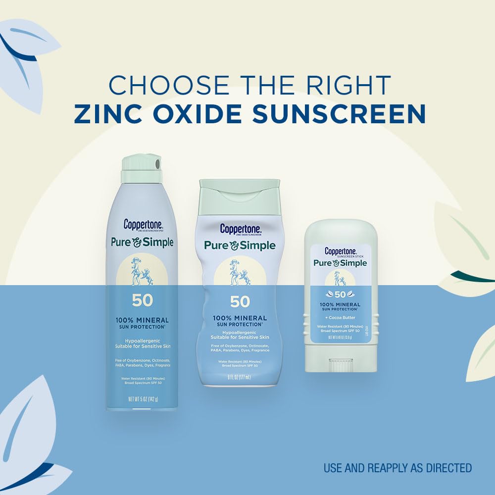 Coppertone Pure and Simple Mineral Sunscreen Spray SPF 50 (5 Oz) + Sunscreen Stick SPF 50 (0.49 Oz) with Zinc Oxide Protection, Hypoallergenic, Fragrance Free - Image 7